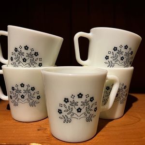 5 Vintage Pyrex Mugs blue crazy Daisy, or spring blossom